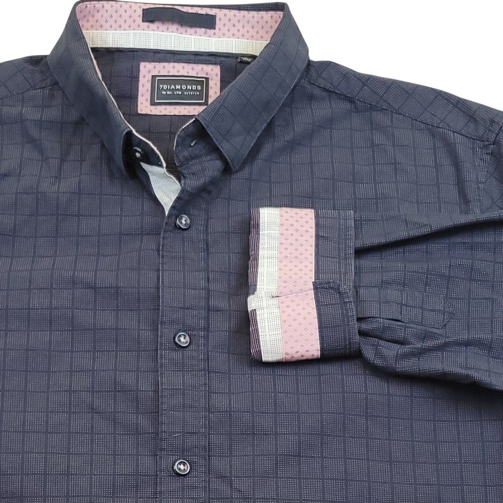 7 Diamonds Buckle Mens‎ L Button Down Shirt Navy Blue Checkered Dot Long Sleeve